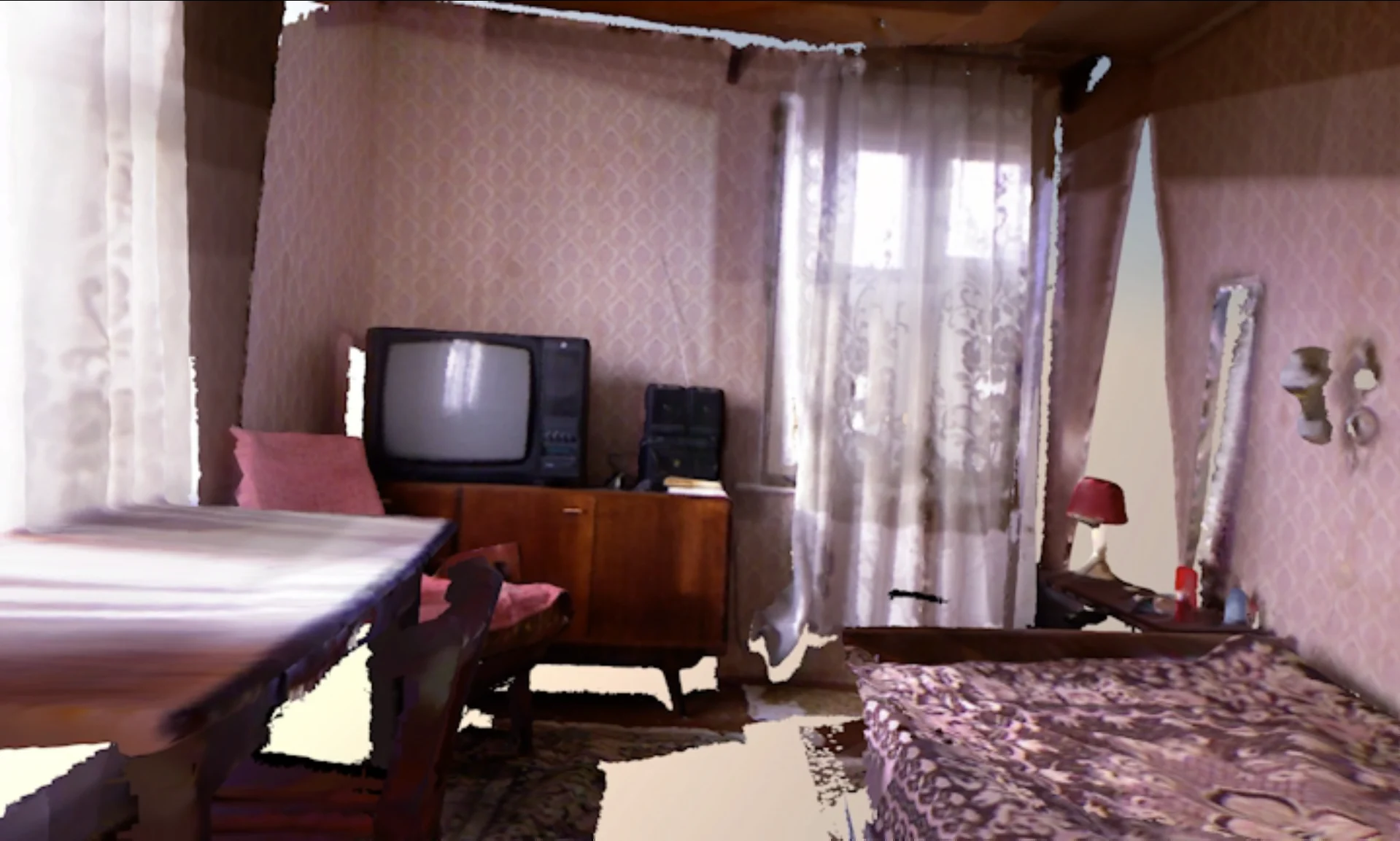 Scanned room with a television and curtains