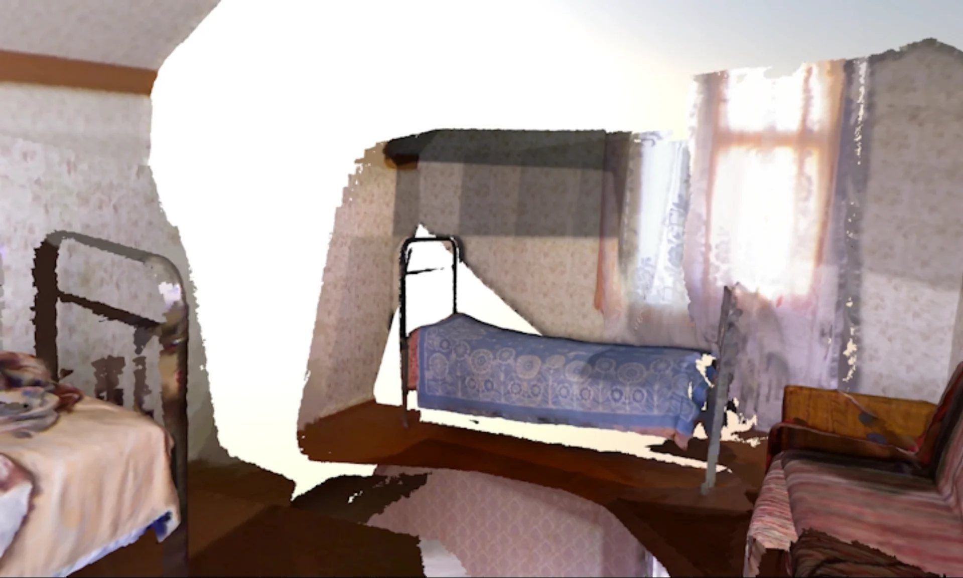 Partial scan of a bed and window with white gaps