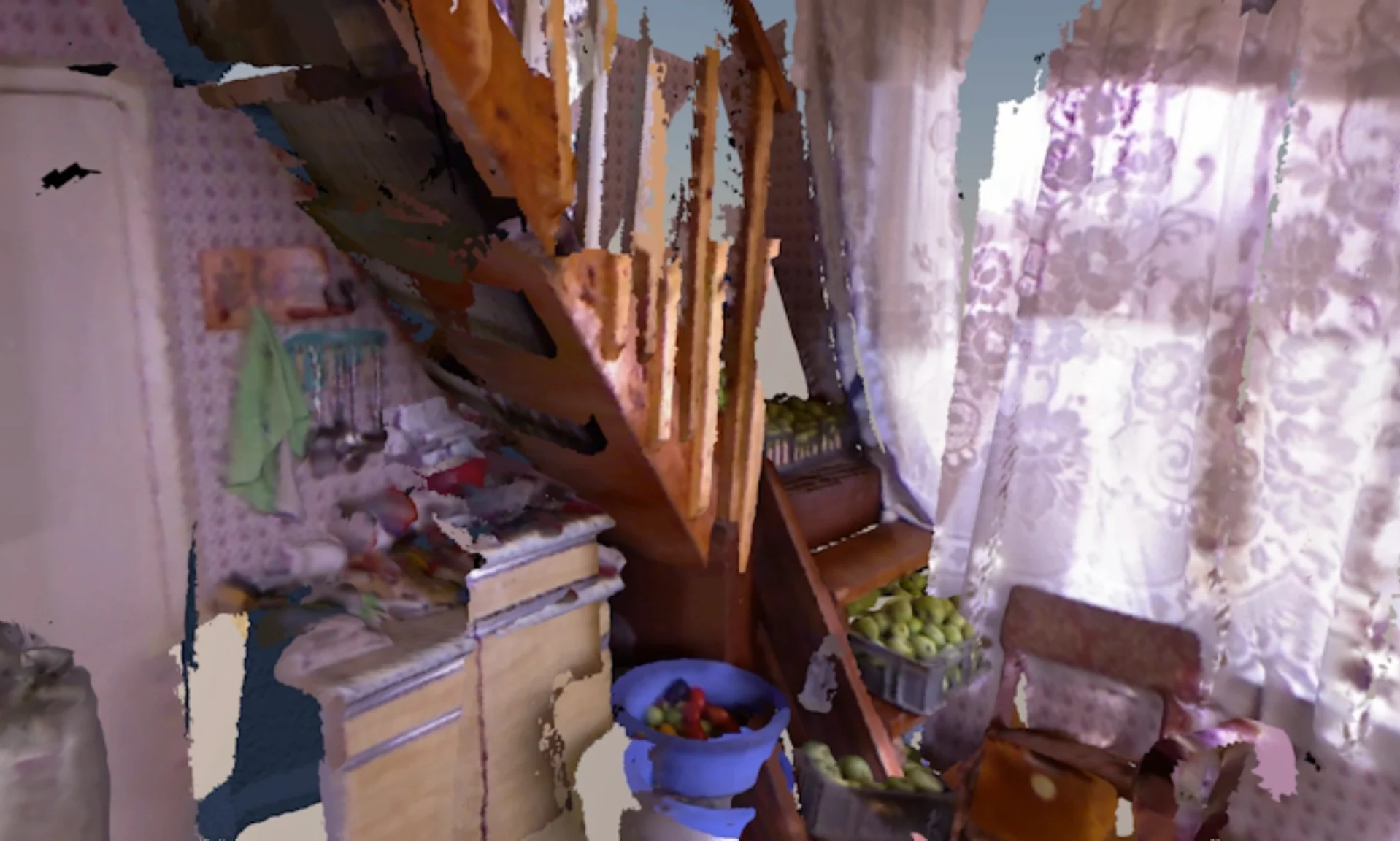 Fragmented view of a stairway and furnished room