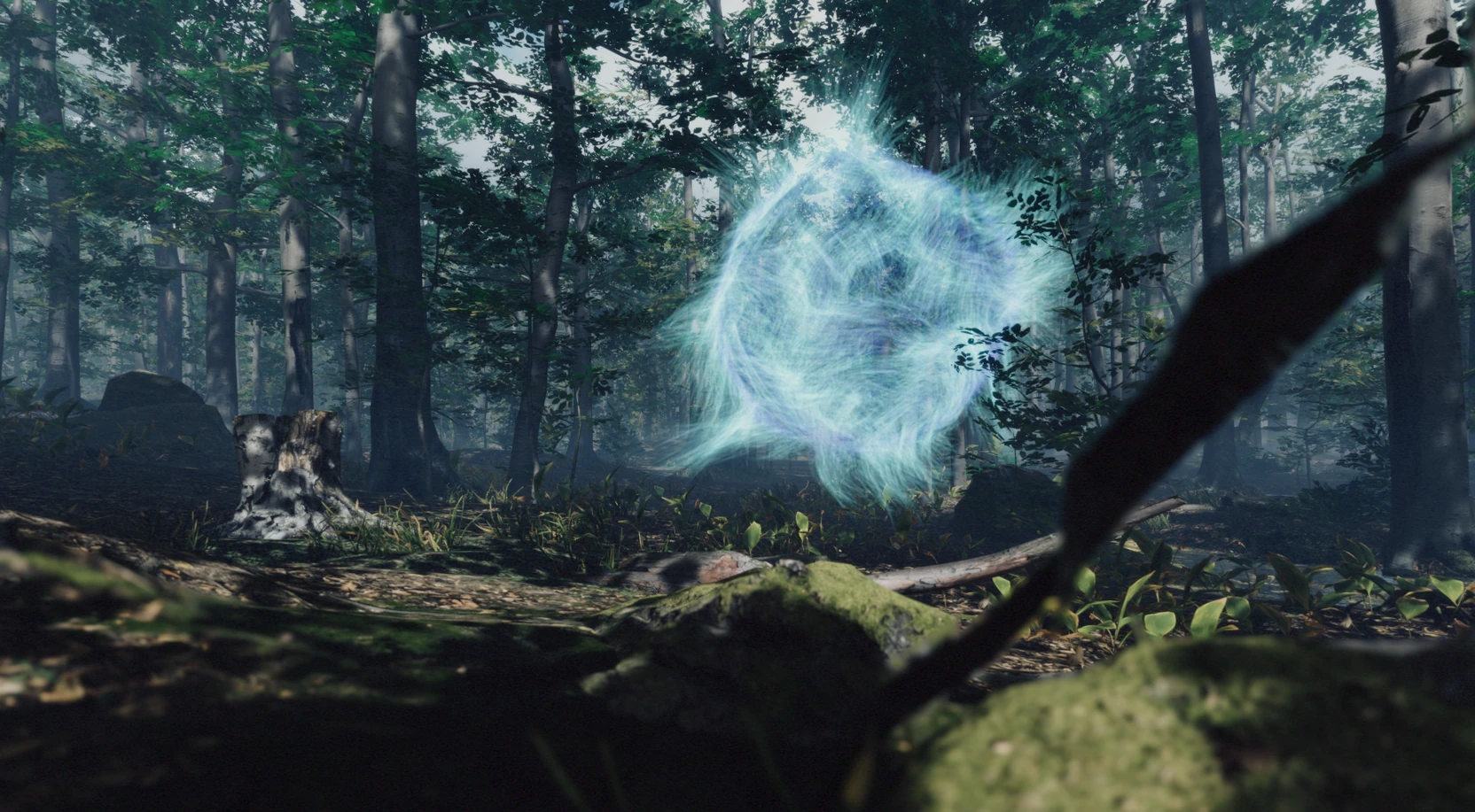 A luminous blue form among trees in the virtual forest.