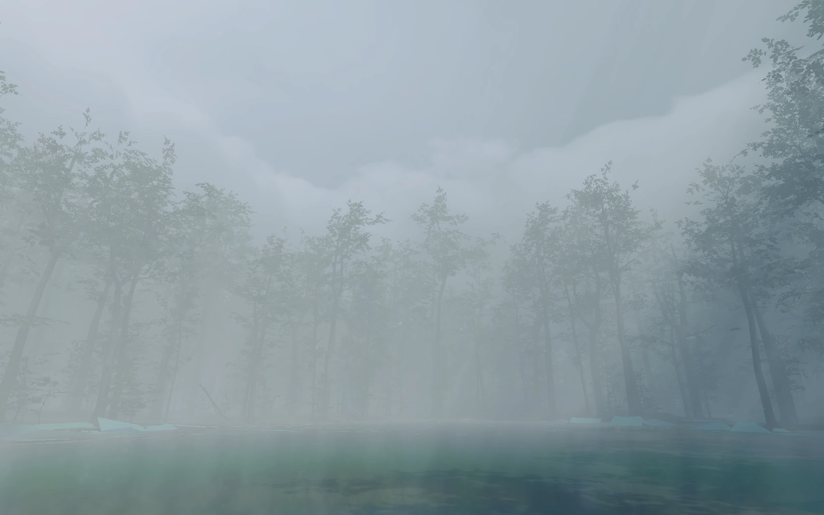 Pale fog over water bordered by trees in the virtual environment.