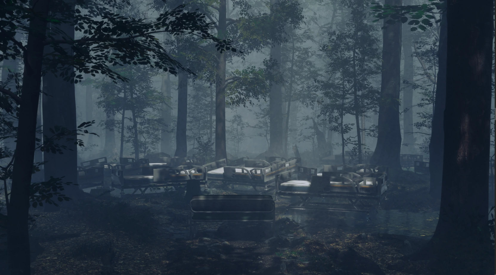 A group of hospital beds among trees in the virtual environment.