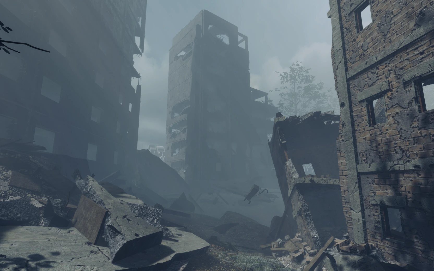 Ruined buildings and rubble in the virtual environment.