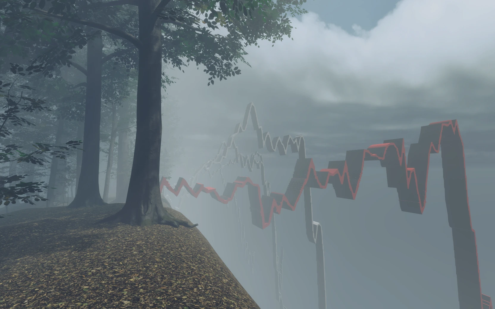 Large red and white graph-like forms beside the forest.