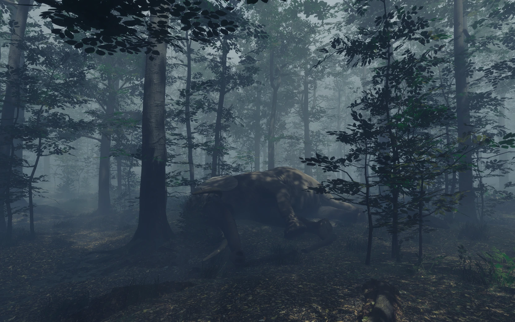 An elephant lying among trees in the virtual environment.