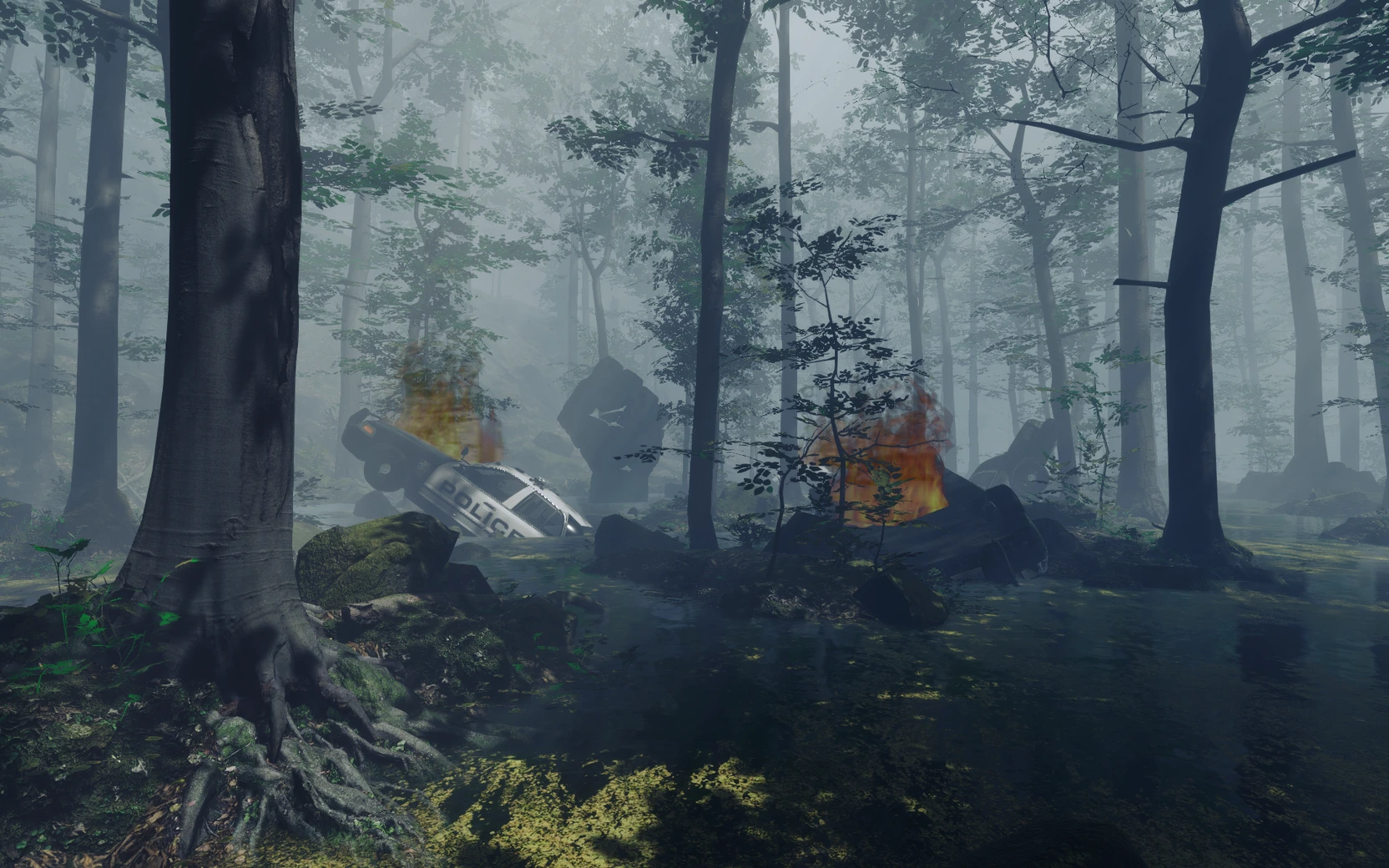 Overturned vehicles and fire among trees in the virtual environment.