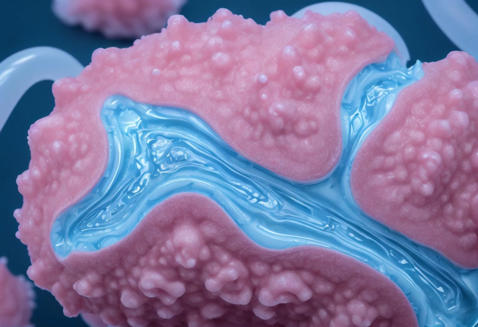 Pink textured forms surrounding a glossy blue branching surface.