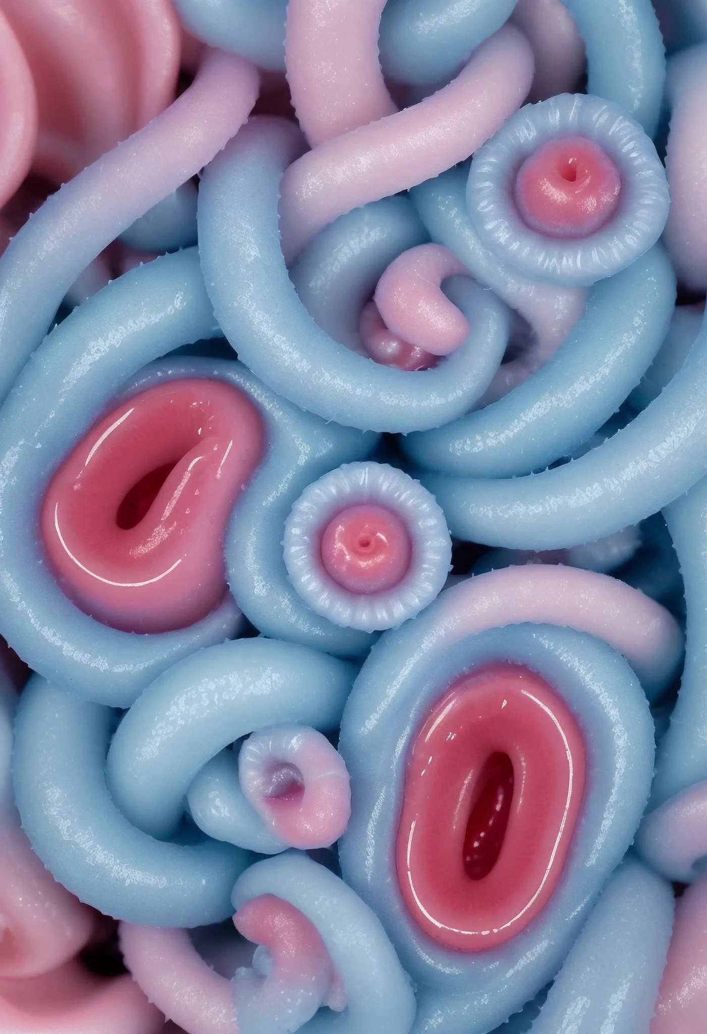 Interlaced blue and pink tubular forms with circular openings.