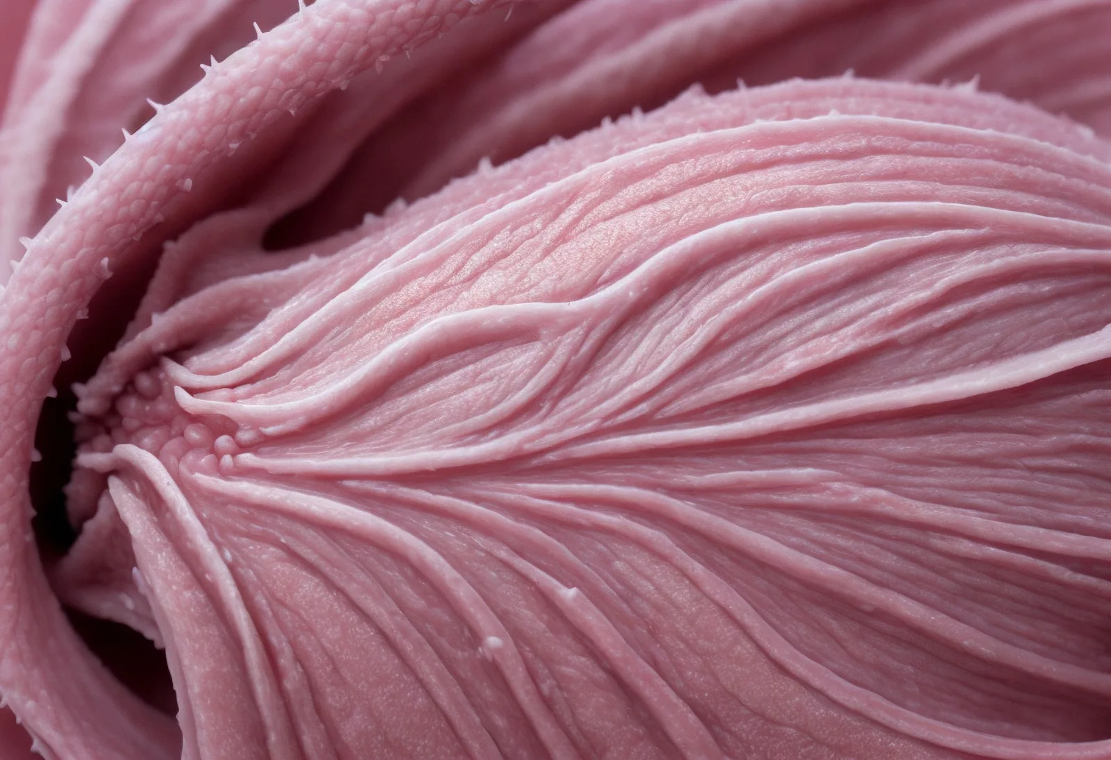 Pink folded and ridged surfaces converging across the frame.