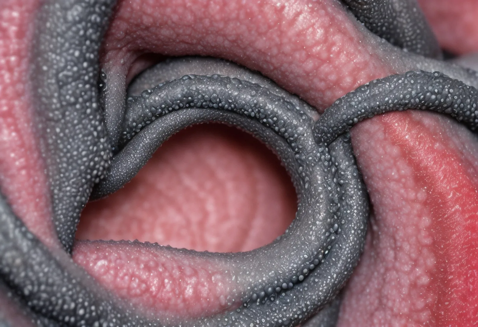 Dark grey textured loops crossing pink curved surfaces.