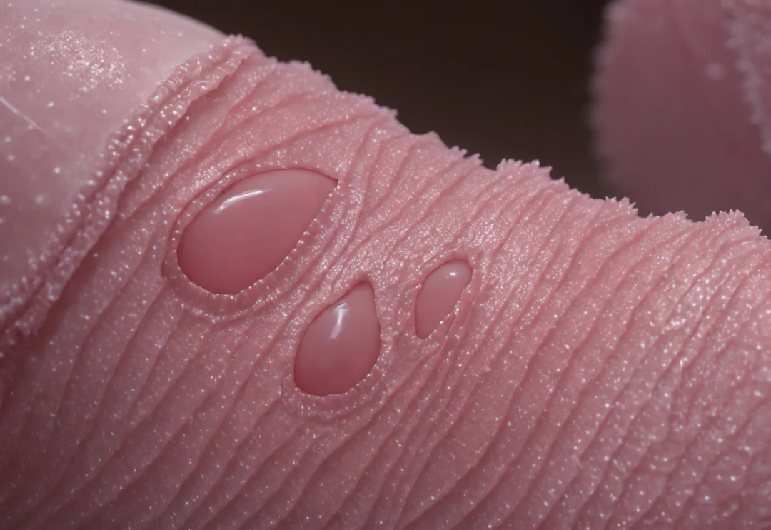 Pink ridged surface with smooth oval inclusions. Subvitalis, cover image 05592.