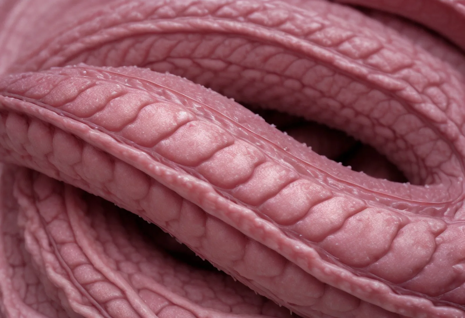 A close view of interwoven pink ridged forms.