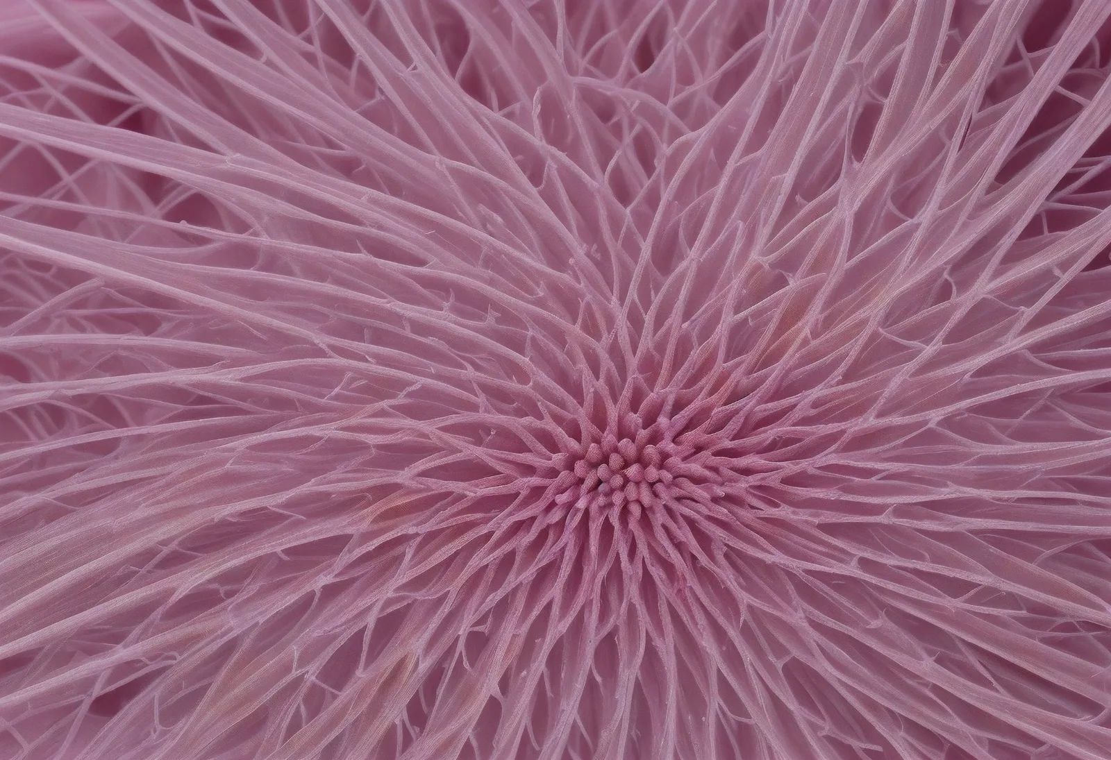 Fine pink strands radiating from a central cluster.