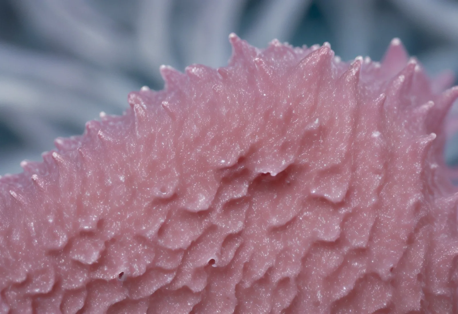 A pink scalloped surface against a soft blue background.