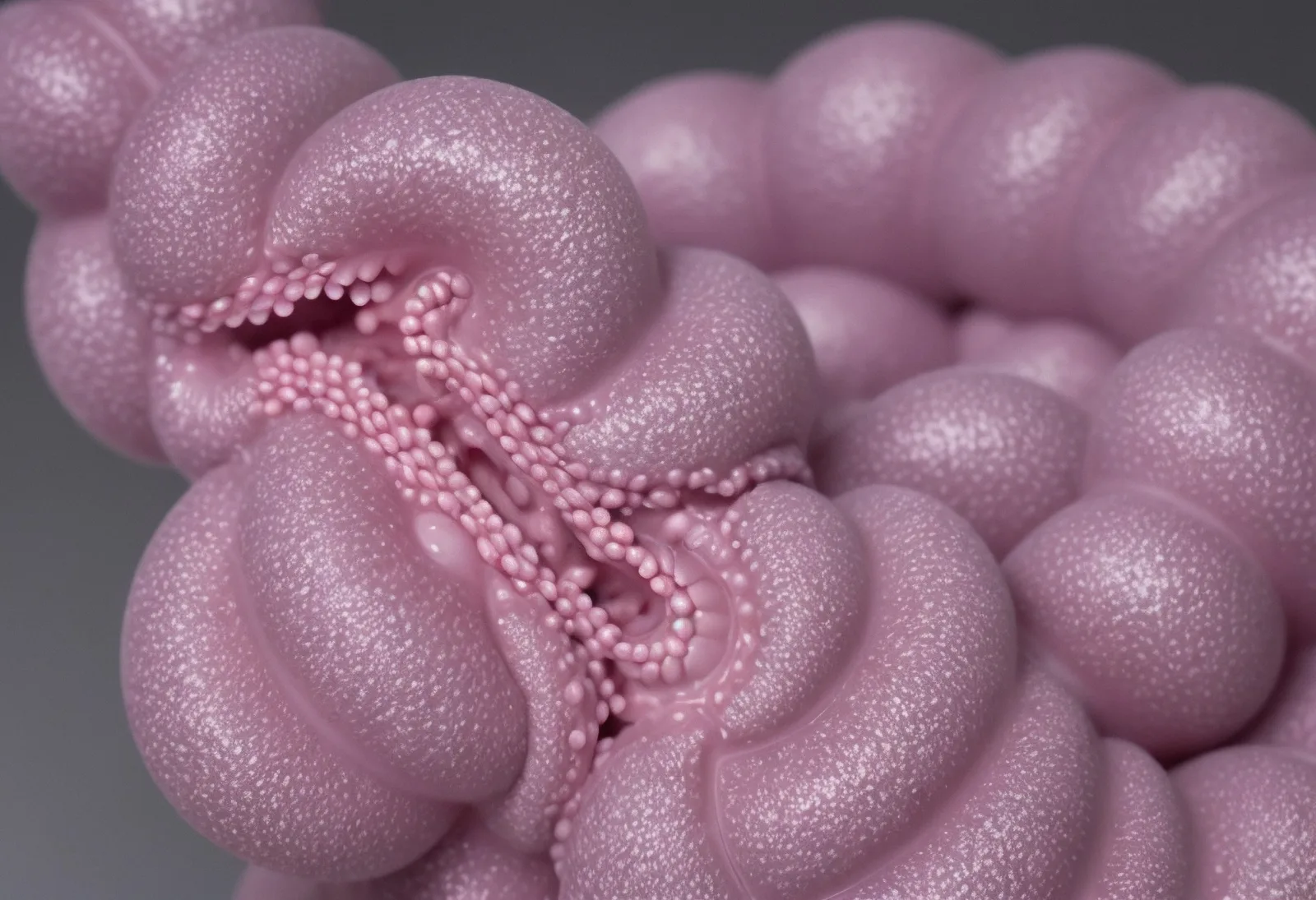 Rounded lilac-pink forms with small bead-like details.