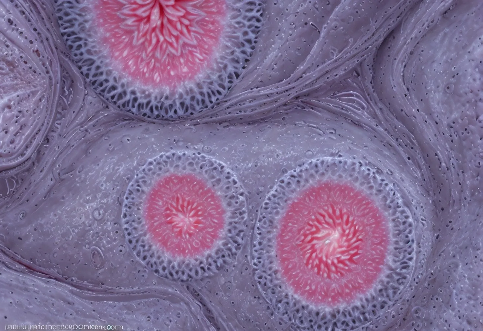 Lilac textured surfaces with three pink circular centres.