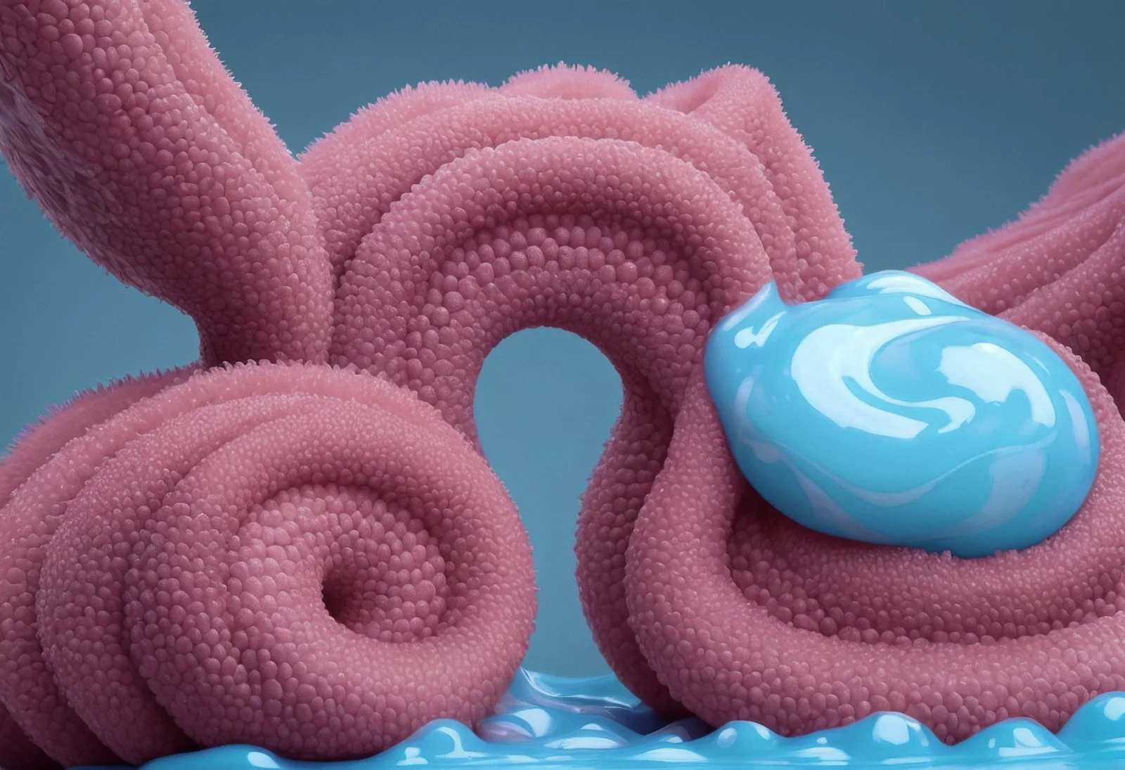 Pink coiled forms supporting a glossy blue form.