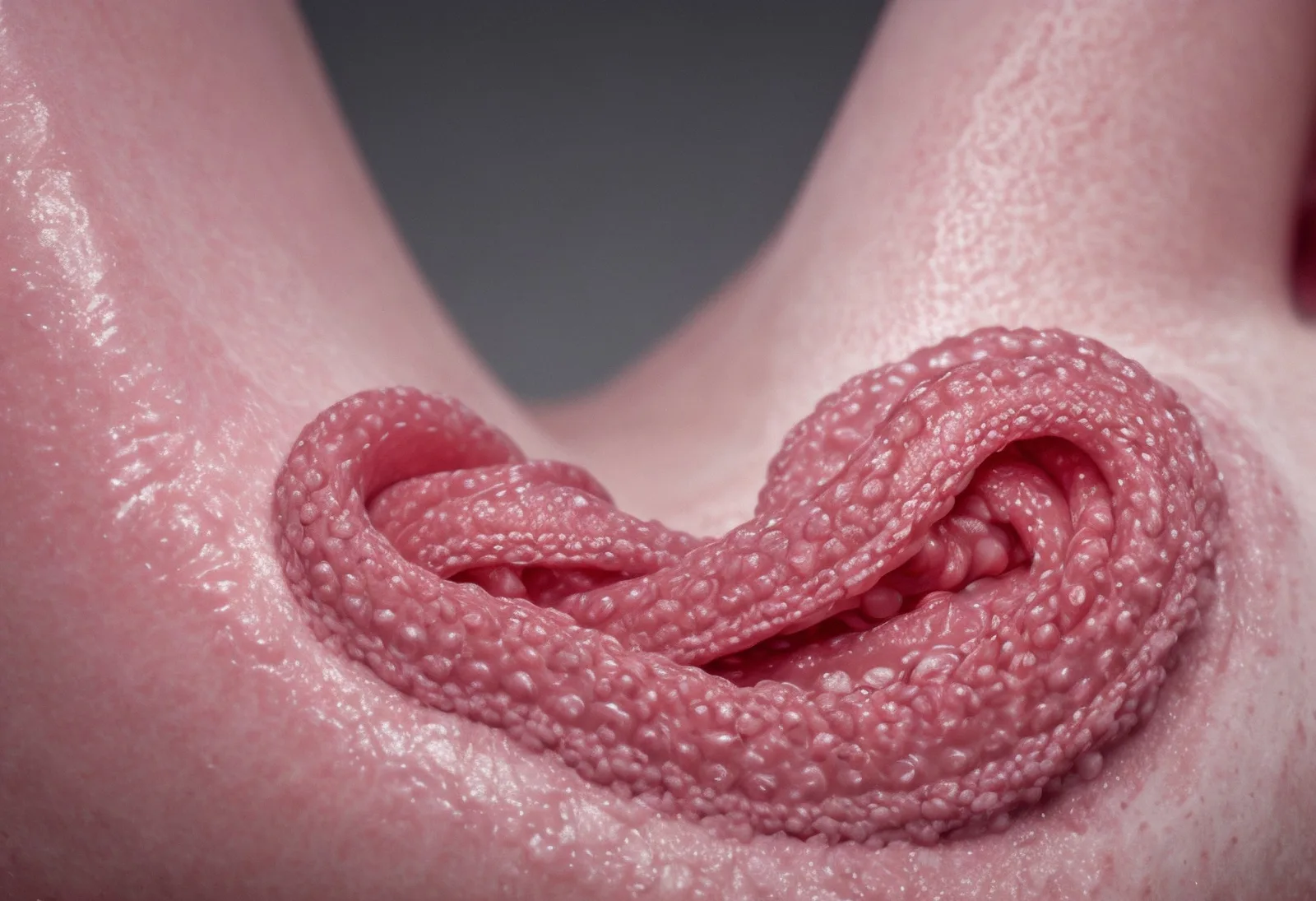 A curved pink textured ridge crossing a pale surface.