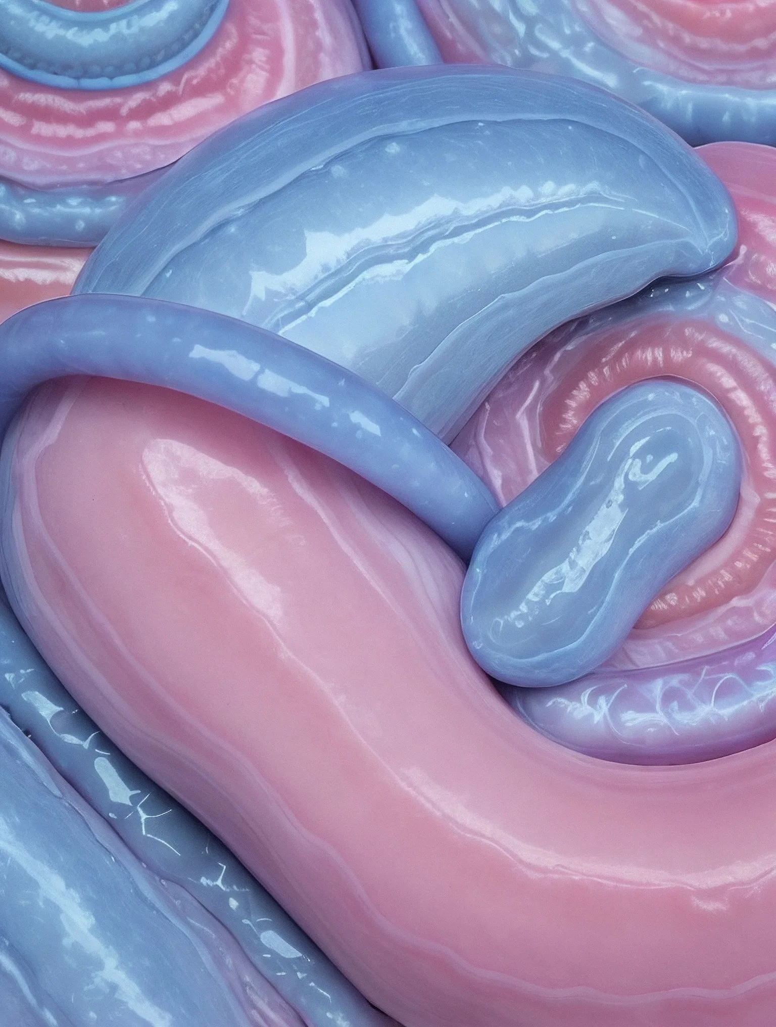 Interwoven smooth blue and pink curved forms.